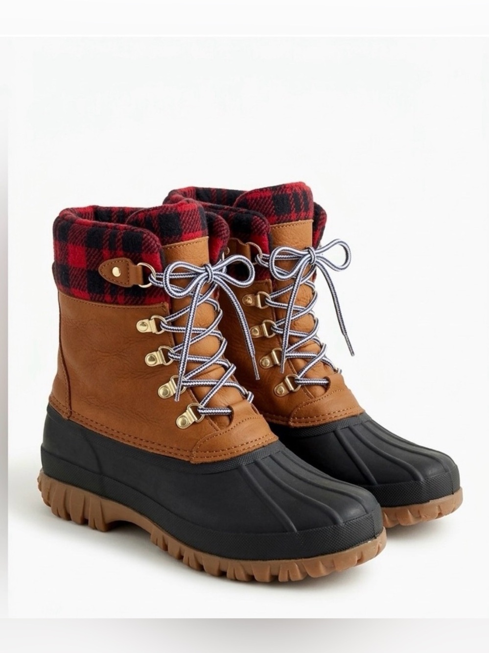 J. Crew Perfect Winter Leather Red Plaid Flannel Winter Duck Boots H1891 Size 8